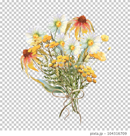 Watercolor bouquet of yellow echinacea flowers, Chamomile, tansy and field herbs. Template for invitations, postcards Watercolor bouquet of yellow echinacea flowers, Chamomile, tansy and field herbs. Template for invitations, postcards 104316709