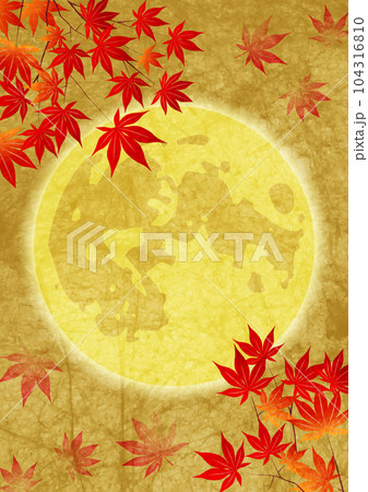 満月と紅葉の古ぼけ仕立てな十五夜背景タテ 104316810