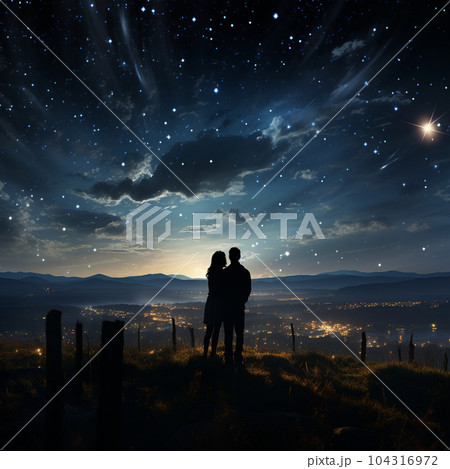 丘の上から夜景と満天の星空を見る男女 丘の上から夜景と満天の星空を見る男女 104316972