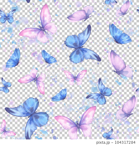 Cute butterflies hand drawn watercolor seamless pattern. Delicate blue and purple color butterflies with watercolor splash, watercolor illustration on white background. 104317284