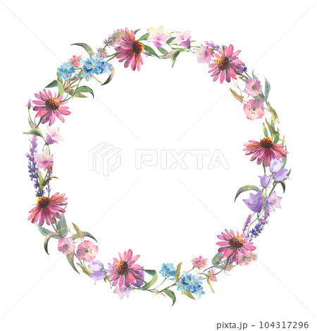 Floral wreath. Watercolor field flower round frame. Wildflowers isolated on white background. Meadow flowers circle border 104317296