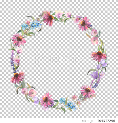 Floral wreath. Watercolor field flower round frame. Wildflowers isolated on white background. Meadow flowers circle border 104317296