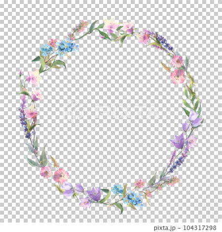 Floral wreath. Watercolor field flower round frame. Wildflowers isolated on white background. Meadow flowers circle border. 104317298
