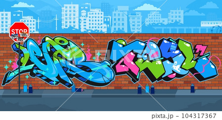 Abstract Colorful Outdoor Urban Streetart Graffiti Wall With Drawings Against The Background Of The Cityscape Vector Illustration 104317367