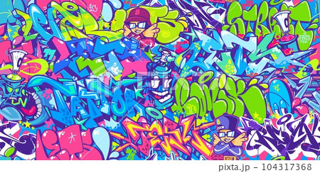 Seamless Colorful Modern Abstract Urban Style Hiphop Graffiti Street Art Pattern. Vector Illustration Background Template 104317368