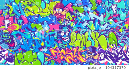 Seamless Colorful Modern Abstract Urban Style Hiphop Graffiti Street Art Pattern. Vector Illustration Background Template 104317370