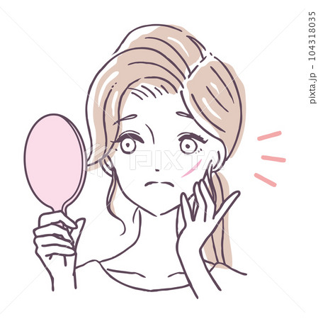 手鏡を見つめる 顔の傷跡に悩む女性 頬に怪我をした人物 ベクターイラスト素材 手鏡を見つめる 顔の傷跡に悩む女性 頬に怪我をした人物 ベクターイラスト素材 104318035