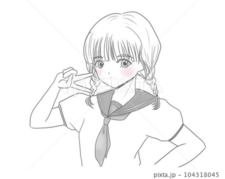 セーラー服を着てピースサインをする三つ編みの女の子のイラスト素材