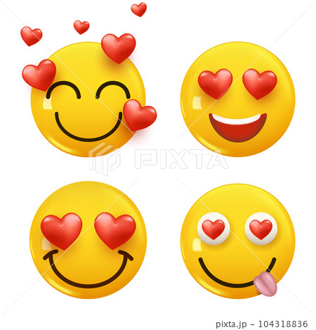 Set of 3d icon yellow color smile emoji with hearts. Set Icon Smile Emoji. Vector 104318836