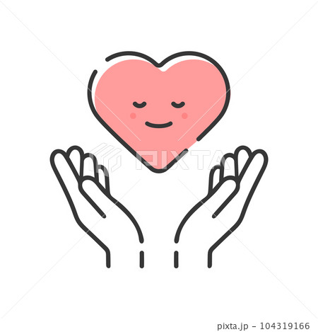 微笑んでいるハートを両手で包む手の線画アイコン - 恋愛･思いやり･メンタルヘルスのイメージ 104319166
