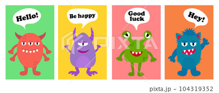 Cartoon and funny monsters cards with text. Set of cute monster greeting or invitation card. Be happy. Good luck. Vector illustration. Cartoon and funny monsters cards with text. Set of cute monster greeting or invitation card. Be happy. Good luck. Vector illustration. 104319352