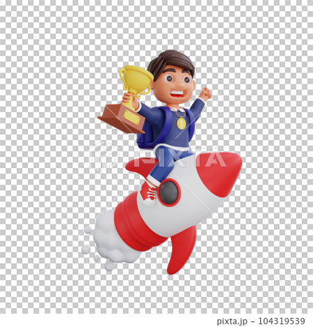 3d cute character champion get trophy and medal flying on a rocket Back to school concept 104319539