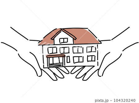 手のひらに乗せた住宅のシンプル線画イラスト 手のひらに乗せた住宅のシンプル線画イラスト 104320240