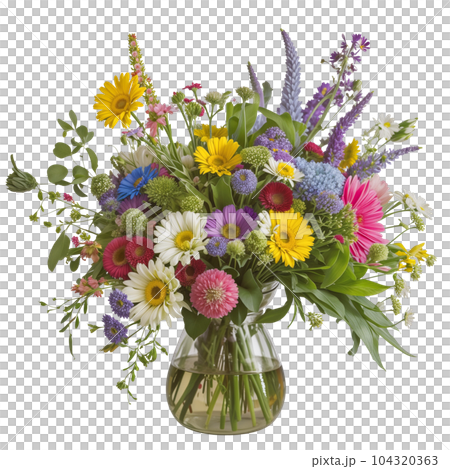 花瓶に入ったワイルドフラワーの花束。 AI生成画像。 透過PNG 花瓶に入ったワイルドフラワーの花束。 AI生成画像。 透過PNG 104320363