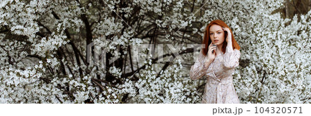 Red-haired woman in a dress against the background of white flowers of an apple tree 104320571