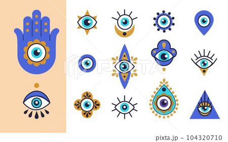 Turkish eye. Hamsa, blue greek pattern on hand, greece print or glass amulet, nazar tree symbol, art bead. Luck and protection sign, mystical talisman. Vector tidy flat illustration isolated icons 104320710