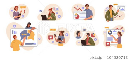 People team work. Business presentation. Study report. Research and develop from creative persons. Project teamwork. Workers showing infographics at whiteboard. Office employees. Vector tidy flat set 104320718