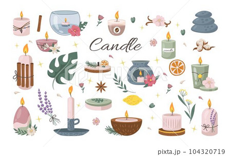 Fragrance candle. Spa and aromatherapy. Home soy wax. Scented coconut oil. Essential candlelight in glass or tin jar. Flower and stone. Wick flame. Isolated candlesticks set. Vector tidy illustration 104320719