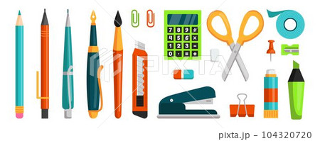 School supplies. Cute stationery. Pen and pencil. Study tongs. Simple stapler and glue. Adhesive tape. Scissors or highlighter marker. Isolated education elements set. Vector tidy minimal illustration 104320720