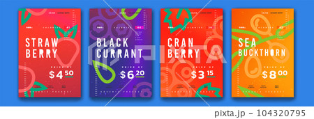 Studio poster. Geometry fruit cards. Abstract strawberry, cranberry and blackcurrant food patterns, creative flyer. Tropical discount offer, sale vertical banner. Vector exact creative background 104320795