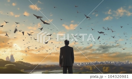 大空を飛ぶ鳥を見ているビジネスマン「AI生成画像」 大空を飛ぶ鳥を見ているビジネスマン「AI生成画像」 104320981