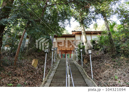 神社の参道の長い石段 104321094
