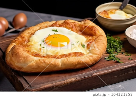 Dough pastry, khachapuri, Georgian cuisine. Generative AI. 104321255