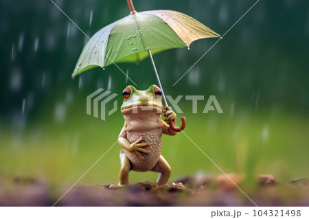 緑色の小さな傘を持つ雨蛙 104321498