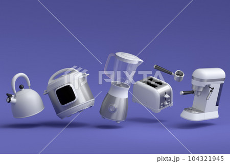 Kitchen appliances and utensils for making breakfast on violet background Kitchen appliances and utensils for making breakfast on violet background 104321945