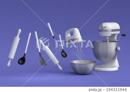 Mixer and bowl with kitchen utensil for preparation of dough on violet 104321948