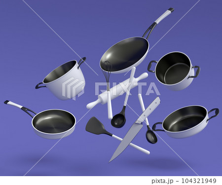 Set of flying stewpot, frying pan and chrome plated cookware on violet 104321949