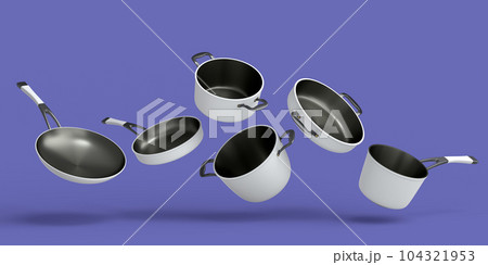 Set of flying stewpot, frying pan and chrome plated cookware on violet Set of flying stewpot, frying pan and chrome plated cookware on violet 104321953