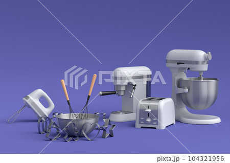 Mixer and bowl with kitchen utensil for preparation of dough on violet 104321956