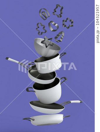 Kitchen appliances and utensils for making breakfast on violet background 104321957
