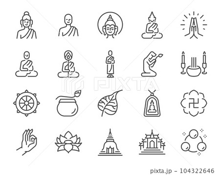Buddhism icon set. It included monk, Buddha, Buddhist, temple, and more icons. Editable Vector Stroke. 104322646