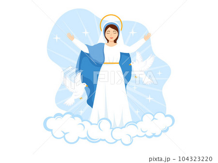 Assumption of Mary Vector Illustration with Feast of the Blessed Virgin and Doves in Heaven in Flat Cartoon Hand Drawn Background Templates 104323220