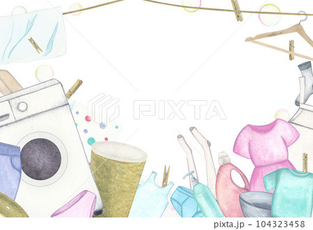 Laundry. Frame with washing machine, basket, basin, washing gel, powder, soap, linen and clothes, hanger and clothespins. Watercolor illustration on a white background. Hand drawn. For postcards Laundry. Frame with washing machine, basket, basin, washing gel, powder, soap, linen and clothes, hanger and clothespins. Watercolor illustration on a white background. Hand drawn. For postcards 104323458