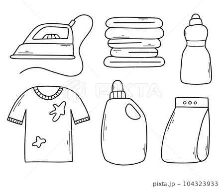 Set of laundry items in doodle style. Linear collection of laundry items. Vector illustration. Isolated elements on a white background. Set of laundry items in doodle style. Linear collection of laundry items. Vector illustration. Isolated elements on a white background. 104323933