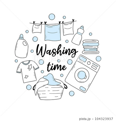 Set of laundry items in doodle style. Linear collection of laundry items. Vector illustration. Isolated elements on a white background. 104323937