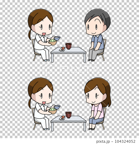 Illustration of male and female adults receiving nutritional guidance 104324052