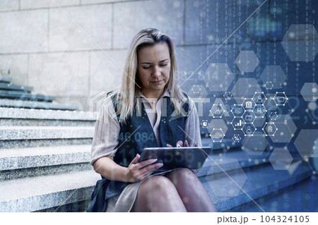Business analytics and technology analysis concept. A manager uses a computer to analyze financial and economic affairs. 104324105