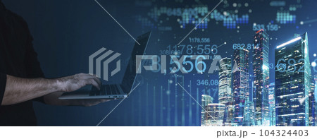 Business analysis platform banner background. Man and laptop on background financial business center. Analytics, exchange, platform concept. 104324403