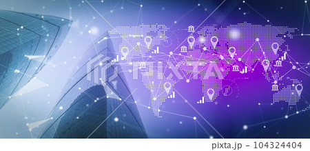 World global business background. Technology connect network map on business city background.  104324404