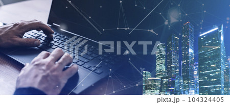 Business analysis platform banner background. Man and laptop on background financial business center. Analytics, exchange, platform concept. 104324405