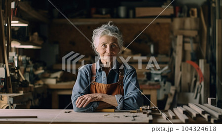 Carpenter woman portrait. Created with generative Ai technology. 104324618