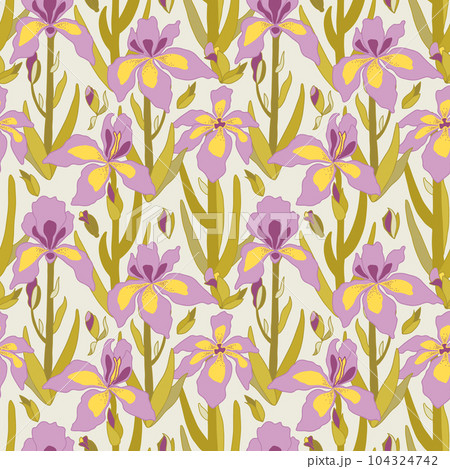 Iris flowers hand drawn seamless pattern on green background. 104324742