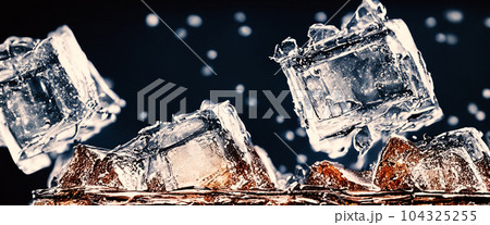 Splashing of Cola and Ice. Cola soda and ice splashing fizzing or floating up to top of surface. Close up of ice in cola water. Texture of carbonate drink with bubbles in glass. Cold drink background Splashing of Cola and Ice. Cola soda and ice splashing fizzing or floating up to top of surface. Close up of ice in cola water. Texture of carbonate drink with bubbles in glass. Cold drink background 104325255