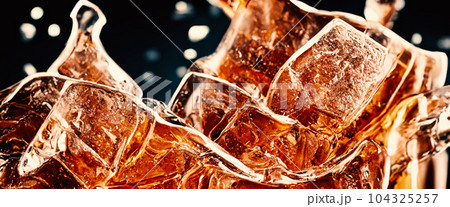 Splashing of Cola and Ice. Cola soda and ice splashing fizzing or floating up to top of surface. Close up of ice in cola water. Texture of carbonate drink with bubbles in glass. Cold drink background 104325257