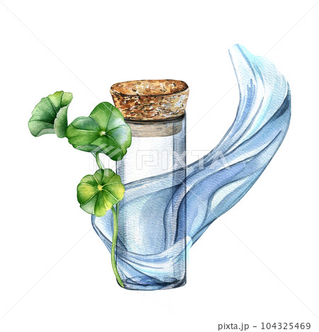 Centella asiatica, glass bottle composition watercolor illustration isolated on white. Pennywort, gotu kola water wave, cola, driftwood hand drawn. Design element for package, label, wrapping Centella asiatica, glass bottle composition watercolor illustration isolated on white. Pennywort, gotu kola water wave, cola, driftwood hand drawn. Design element for package, label, wrapping 104325469