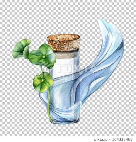 Centella asiatica, glass bottle composition watercolor illustration isolated on white. Pennywort, gotu kola water wave, cola, driftwood hand drawn. Design element for package, label, wrapping Centella asiatica, glass bottle composition watercolor illustration isolated on white. Pennywort, gotu kola water wave, cola, driftwood hand drawn. Design element for package, label, wrapping 104325469